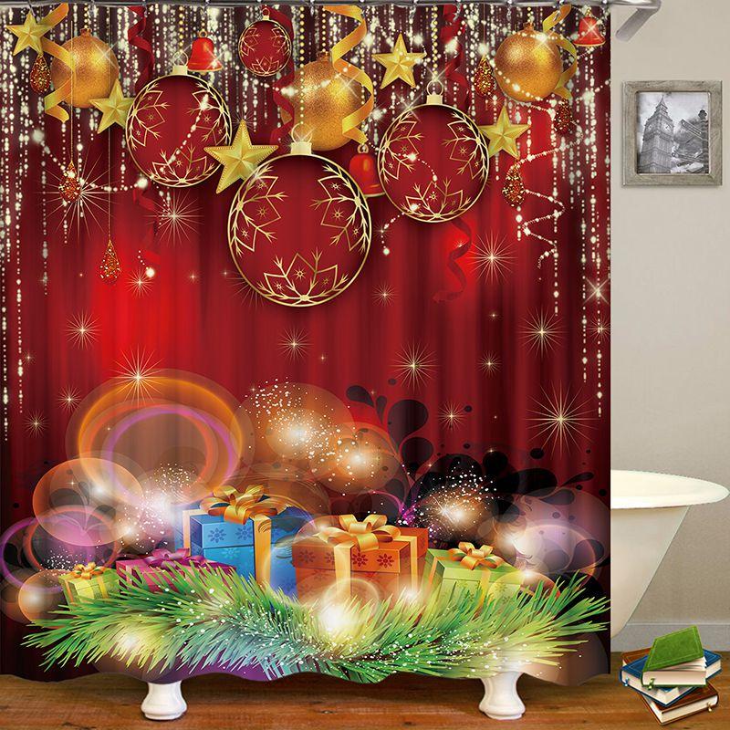 Festive Christmas Gift Boxes In Snow Shower Curtain Waterproof Fabric With Hooks