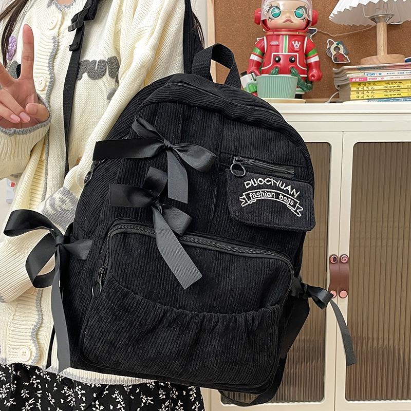 

Girls Corduroy School Backpack with Ribbon Bow - Perfect for High School and College чёрный