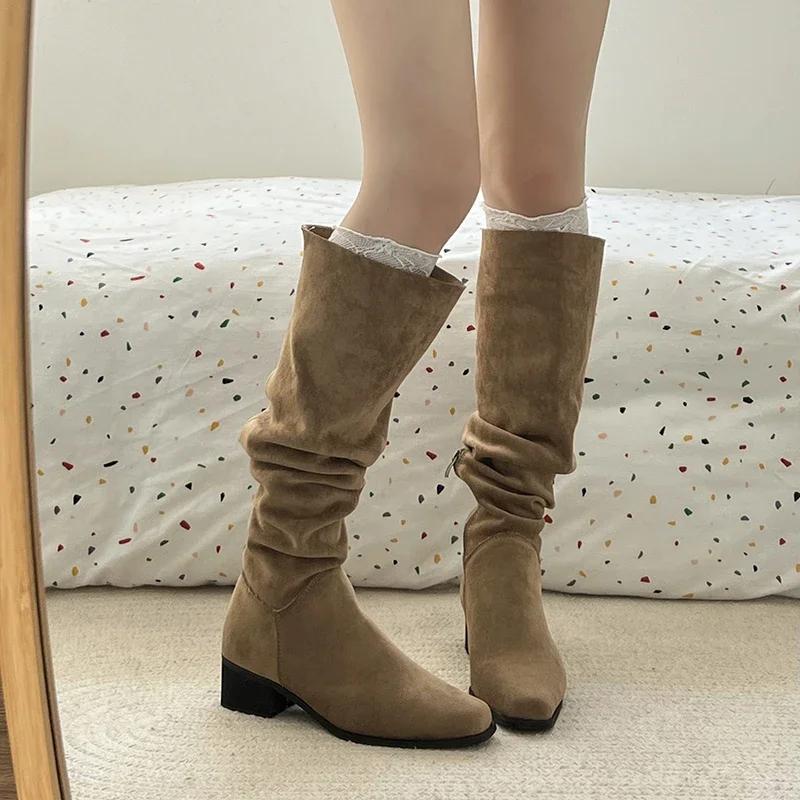 Vintage Stretch Women Knee High Boots Fashion Pleated Long Booties Ladies Casual Low Heel Shoes