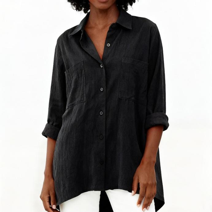 Fashionable Loose Fit Women s Cotton Linen Long Sleeve T-Shirt L чёрный