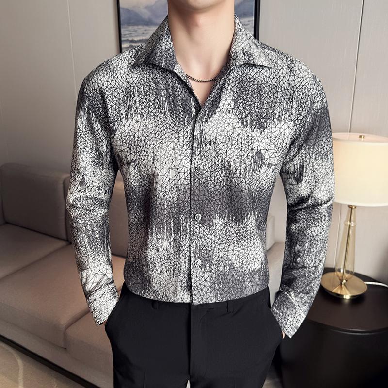 British Style Men's Social Shirts Fashion Print Long Sleeve Mens Dress Shirt Slim Fit All Match Business Formal Wear Blouses Man