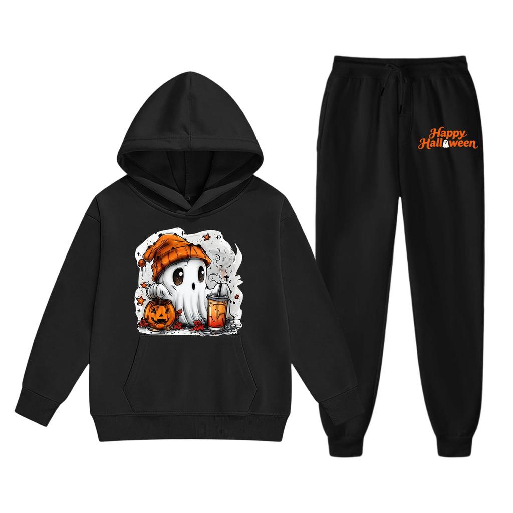 Kids Halloween Hoodie Set Ghost Print Pullover Sweatshirt with Matching Pants Comfortable Fit for Fall and Winter Seasonal Wear