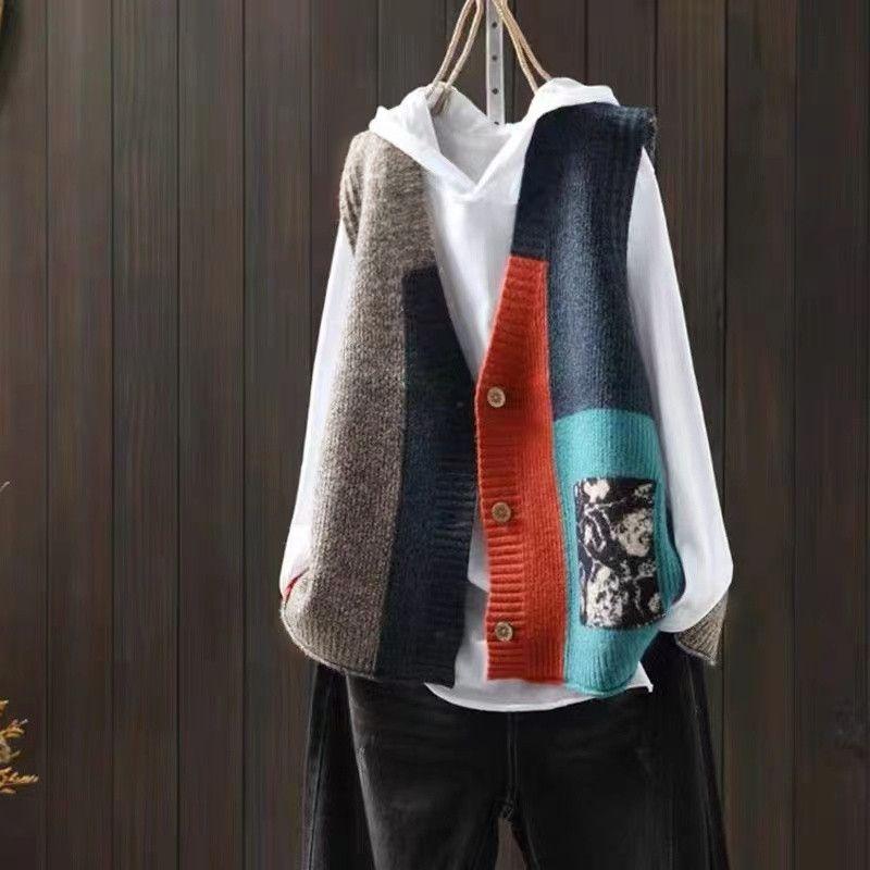 

Весенне-осенний женский кардиган с V-образным вырезом, без рукавов, на пуговицах, с принтованной панелью, винтажный вязаный жилет, модный повседневный свитер, майки XXXL хаки