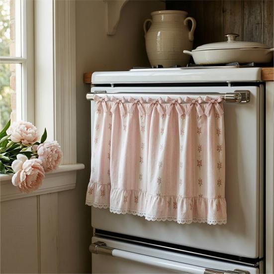 Oven Skirt with 7 Ribbon Ties Mushroom Flower Pumpkin Pattern Farmhouse Kitchen Decorative Cabinet Dishwasher Appliance Oven Curtain