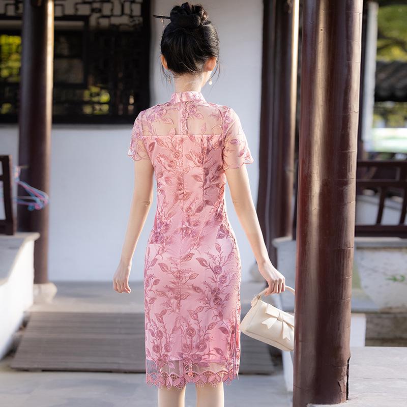 Modern Pink Embroidered Cheongsam Dress - Mid-Length Summer Style