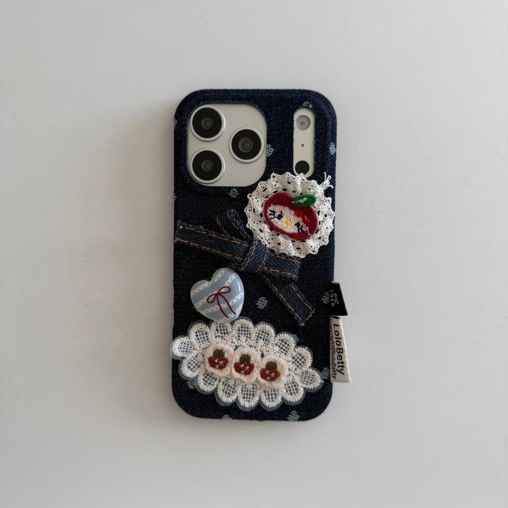 Denim Lace Kitty Kitten Mobile Phone Case for Apple 17/16PRO Cartoon Retro Case iPhone15/14P