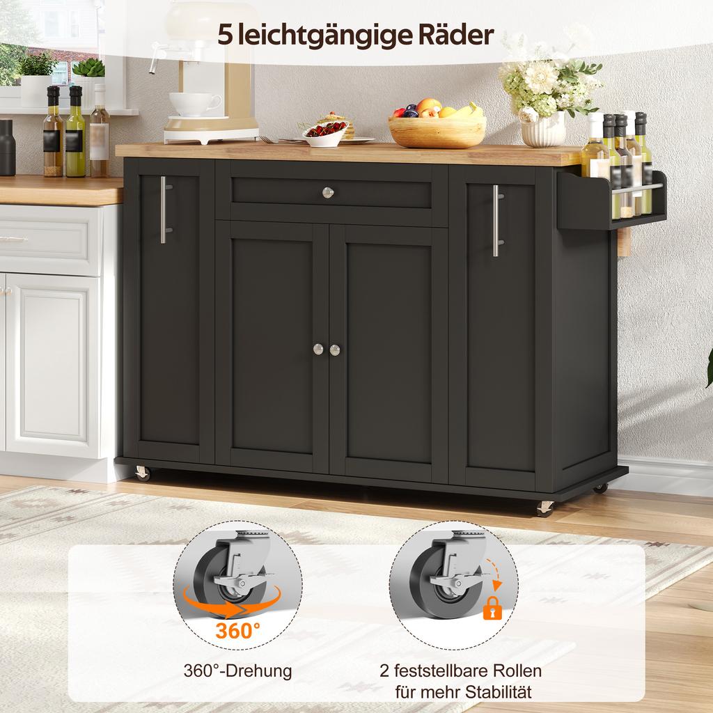Isola Cucina Mobile con Piano di Lavoro Pieghevole, Carrello da Cucina con 3 Cassetti Verticali, 2 Ante con Ripiani e Ruote Bloccabili, 120 × 45 (70) × 87 cm