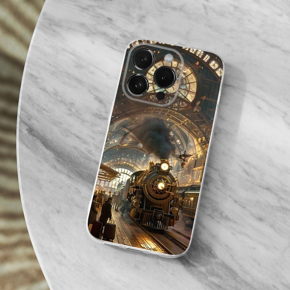 Cool Art Steam Train Phone Case For iPhone,14,13,XR,SE,12,15,Pro,Max,Plus,11,17,16,X,XS,Mini Transparent Soft Cover
