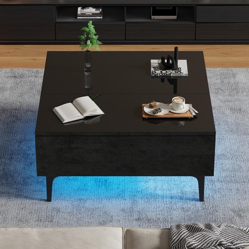 Couchtisch Platte, Moderner Kaffeetisch ausziehbarer LED, Sofatisch Schubladen & Versteckter Stauraum, Beistelltisch Wohnzimmer, Büro, Schwarz