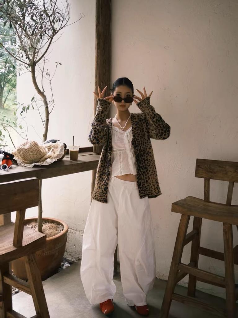New Trendy Vintage Leopard Print V-Neck Knit Cardigan for Women, Soft and Fuzzy with Drawstring