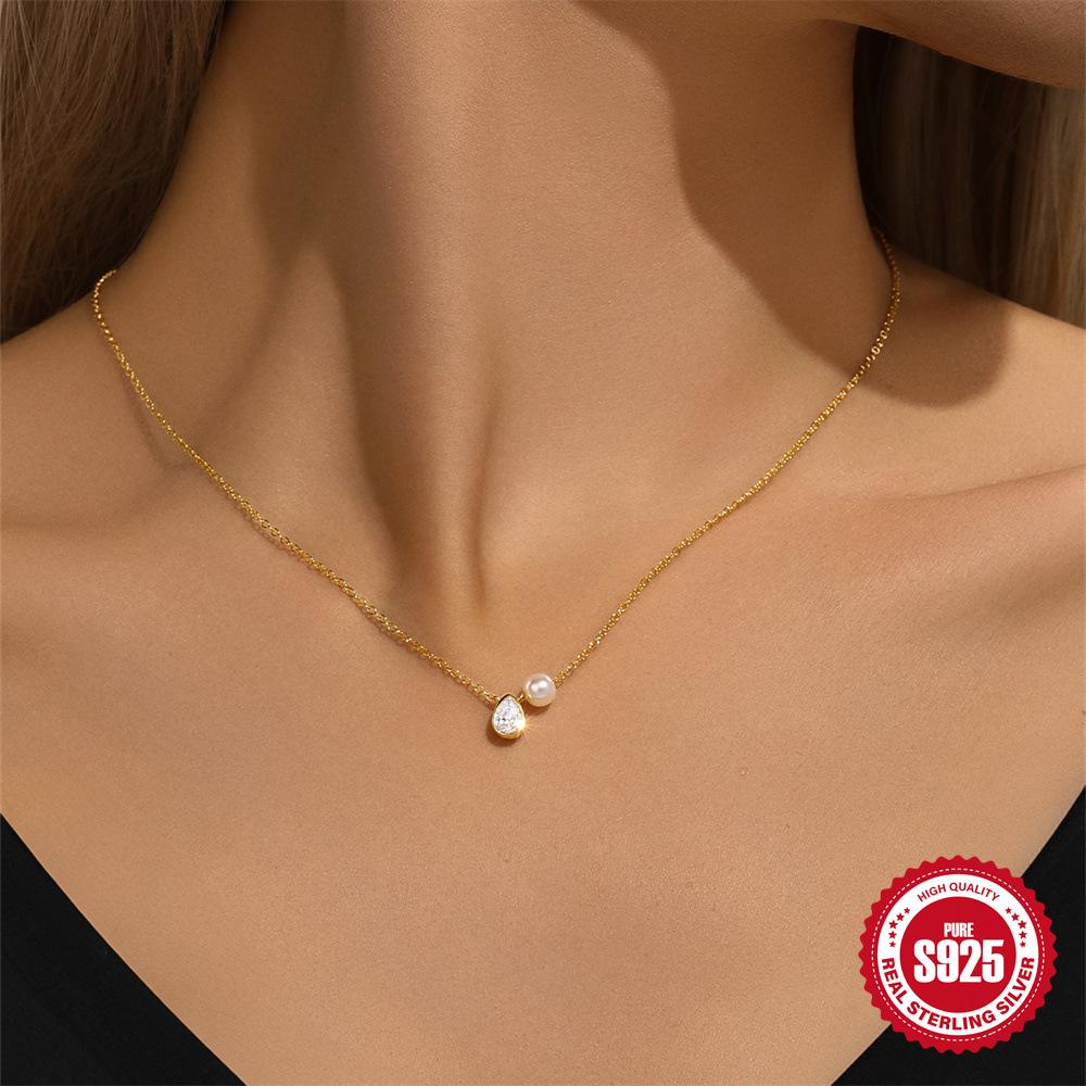 S925 Sterling Silver Ins Wind Classic Water Drop Diamond Pearl Elegant Atmospheric Versatile Clavicle Necklace