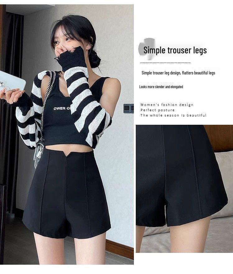 Black Women's High-Waisted A-Line Shorts - 2026 Trendy Spring/Summer Elastic Casual Wide-Leg Hot Pants