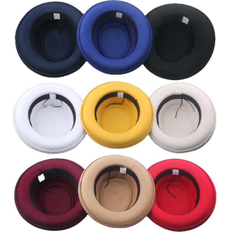 Flat Top Fedoras Jazz Hats For Women Men Solid Color Imitation Woolen Jazz Cap British Style Wide Brim Ladies Bowler Hats Fedora