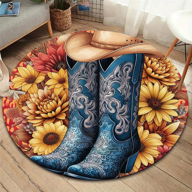 Cowboy Boots Round Area Rug,Carpet Rug for Living Room Bedroom Sofa Playroom Decor,Non Slip Floor Mat