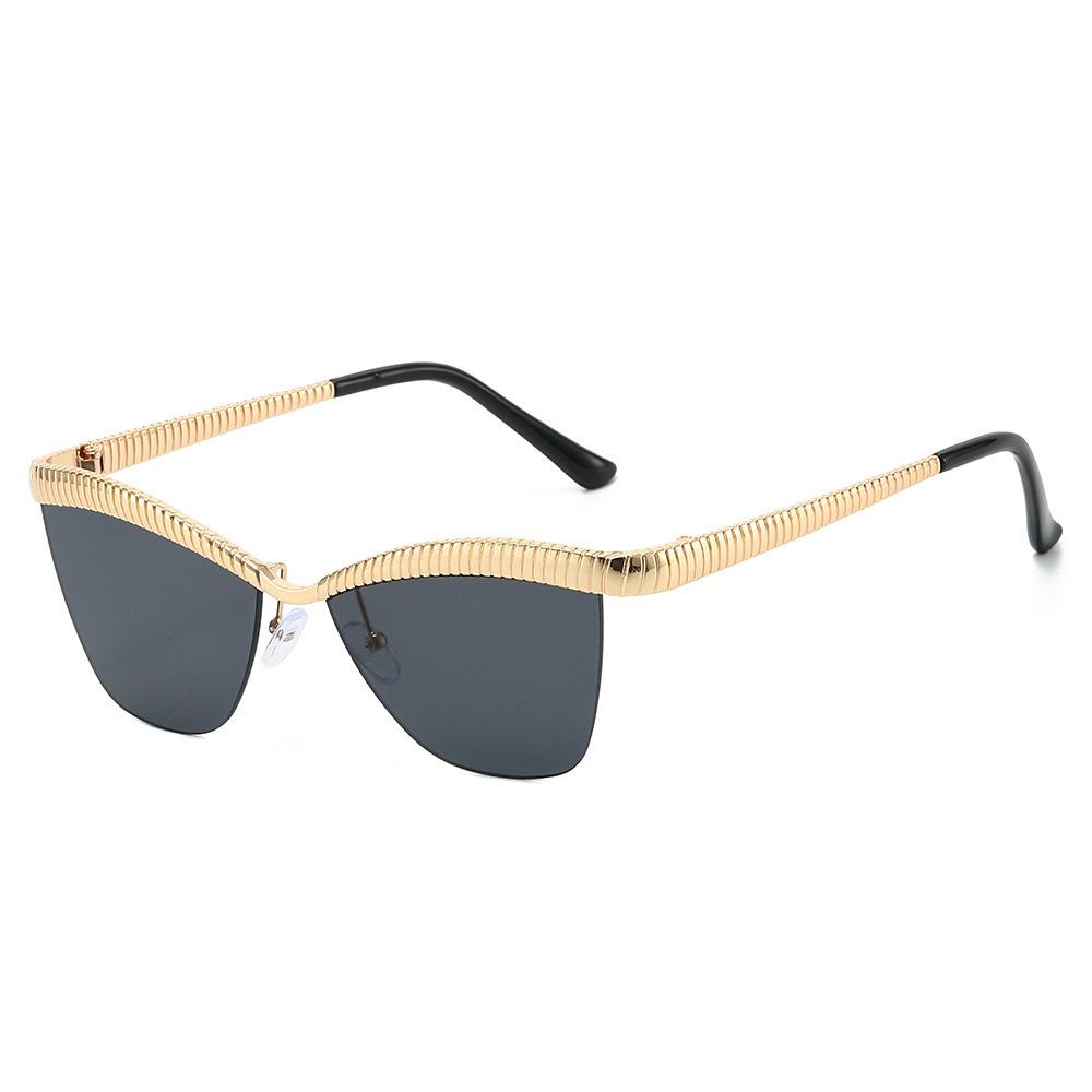 New half-frame fashion sunglasses, European and American personalized Internet celebrity cat eye ins wind striped metal sunglasses