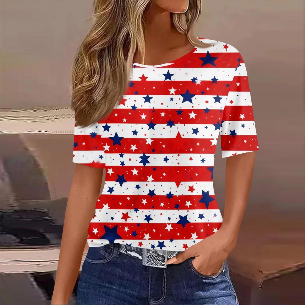 Women's Fashionable Casual Short Sleeve Print Round Neck Pullover Top