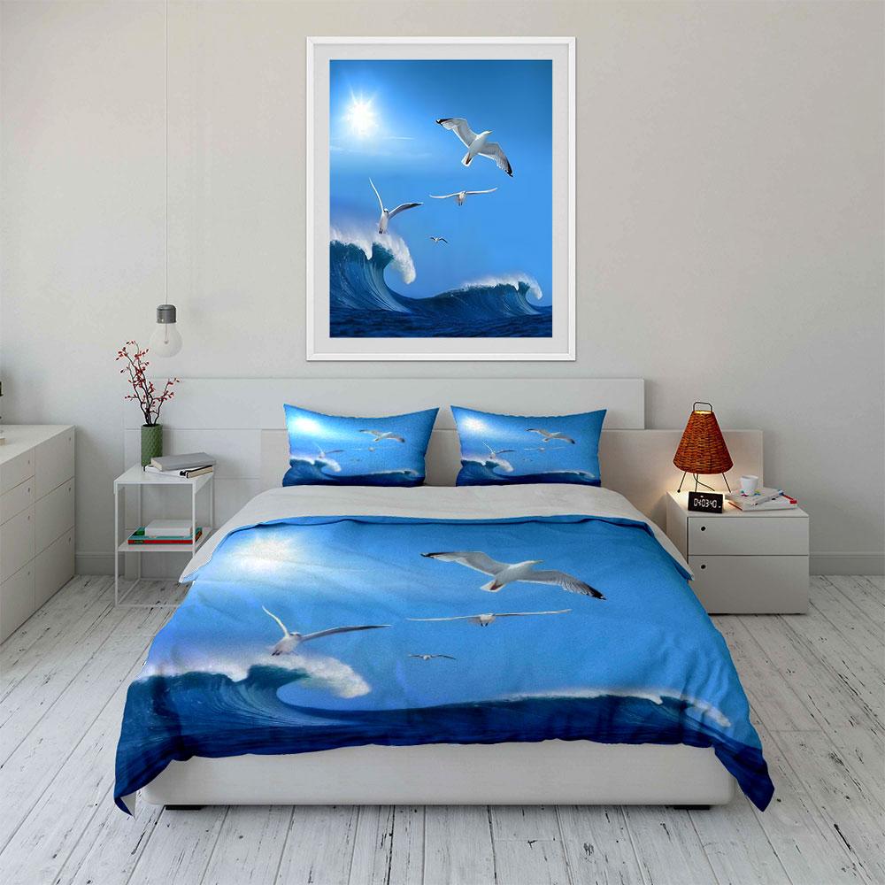 Seagull Ocean Wave Decor Set Soft Comfortable Duvet Cover Bedding Set Included 1*Duvet Cover & 2*Pillowcases, Gift
