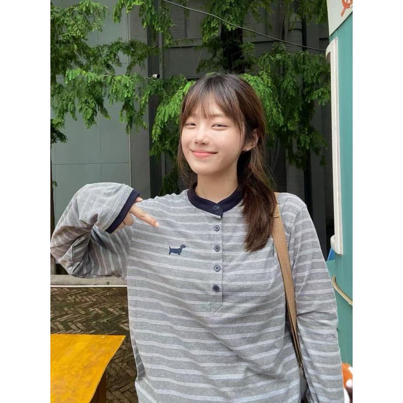 American retro Henry collar striped long-sleeved t-shirt women s autumn contrasting colors fashionable loose and thin versatile couple top M серый
