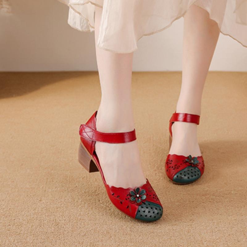 2025 Summer Genuine Leather Shoes Gladiator Sandals Women 4cm High Heels Classic Black Round Toe Hollow Ladies Sandals
