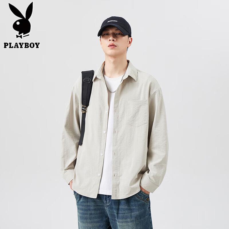PLAYBOY Men's Simple Loose Fit Long Sleeve Casual Shirt