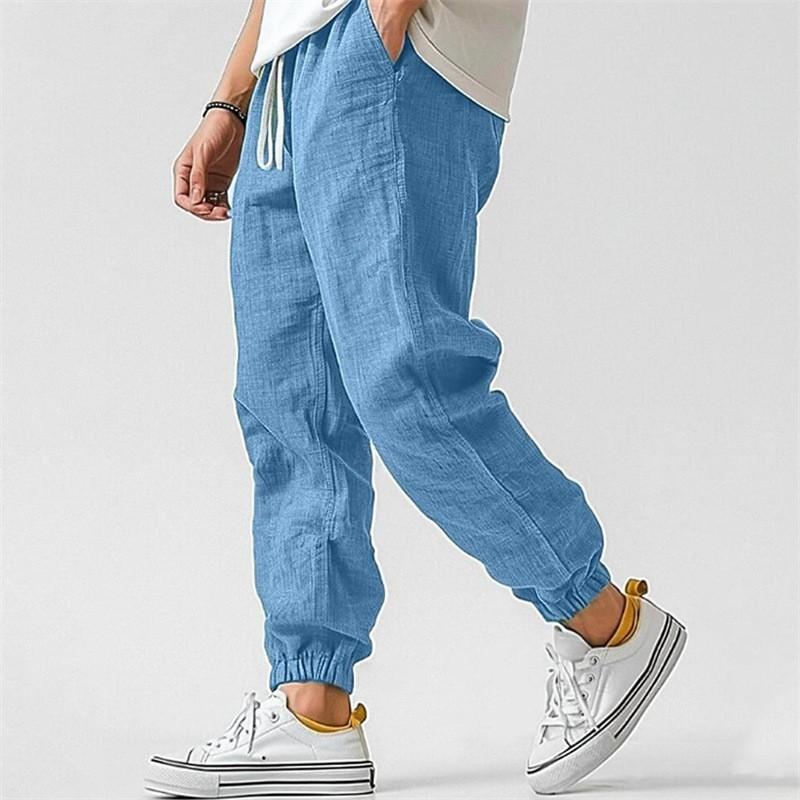 Men High Quality Cotton Linen Casual Pants Elastic Waist Solid Color Breathable Comfortable Straight Leg Cuffed Trousers