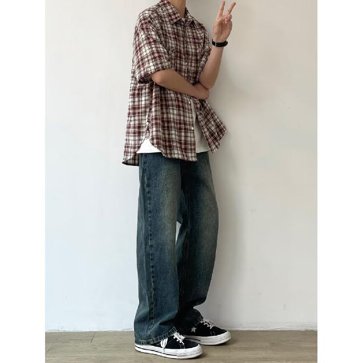 Kariertes Hemd Herren Sommer Japanisch Retro Locker Lässig Fünfviertelärmelhemd Amerikanische High Street Trendmarkenjacke