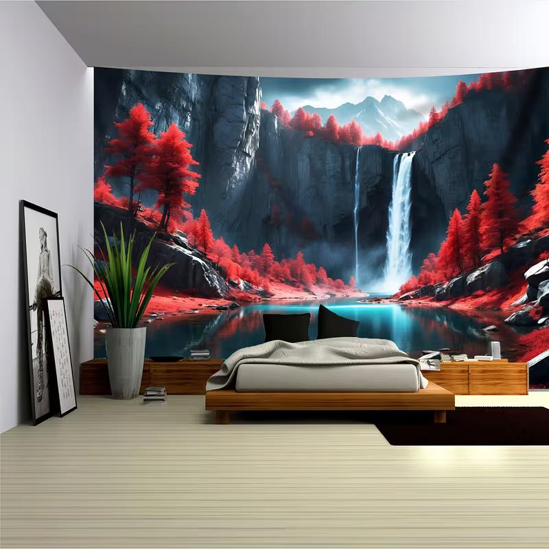 2D Red Tree Waterfall Tapestry Mountain Lake and Waterfall Landscape Wall Hanging 47.2x31.5inch/120*80cm
