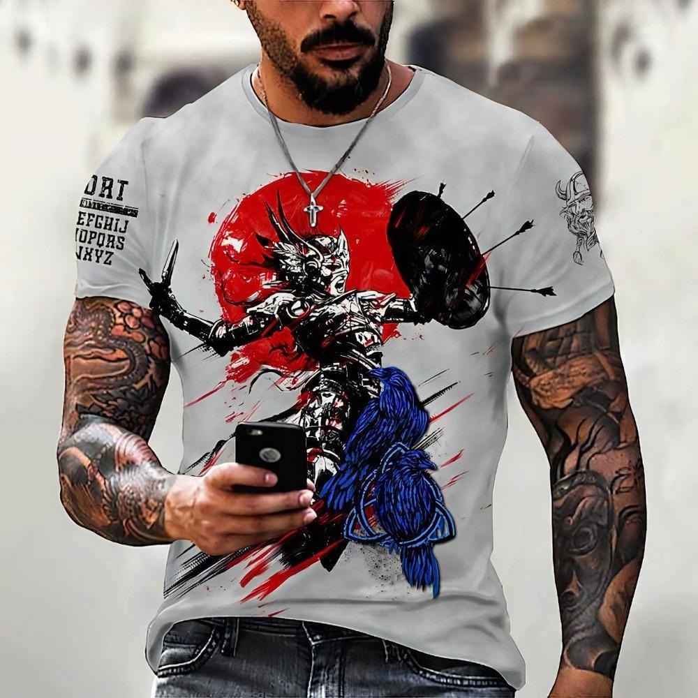 Lustiges 3D Wikinger Krieger Druck Herren T-Shirt Hip Hop Trend Vintage Kleidung Mode O-Ausschnitt Kurzarm Oberteile Sommer Lässig Lockeres T-Shirt
