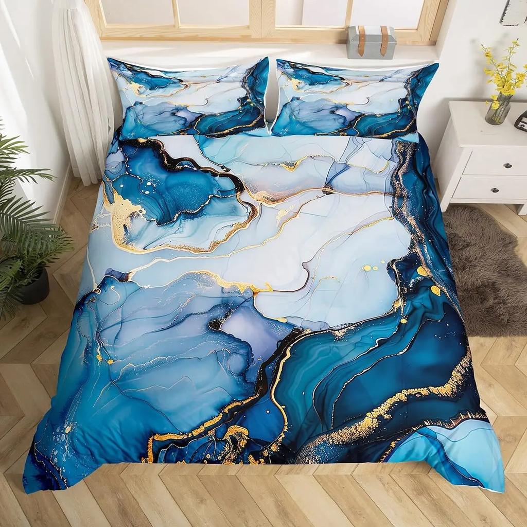 Blue Marble Duvet Cover, Geometric Comforter Cover Twin Queen Size Golden Stone Pattern Bedding Set Abstract Trippy Quilt Cover