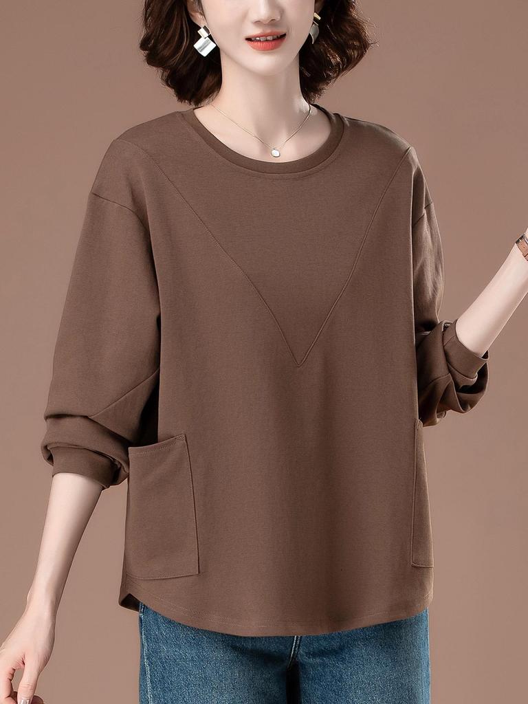 Plus Size Solid Color Long-Sleeve Shirt for Middle-Aged Women - Versatile Slimming Base for Spring & Autumn