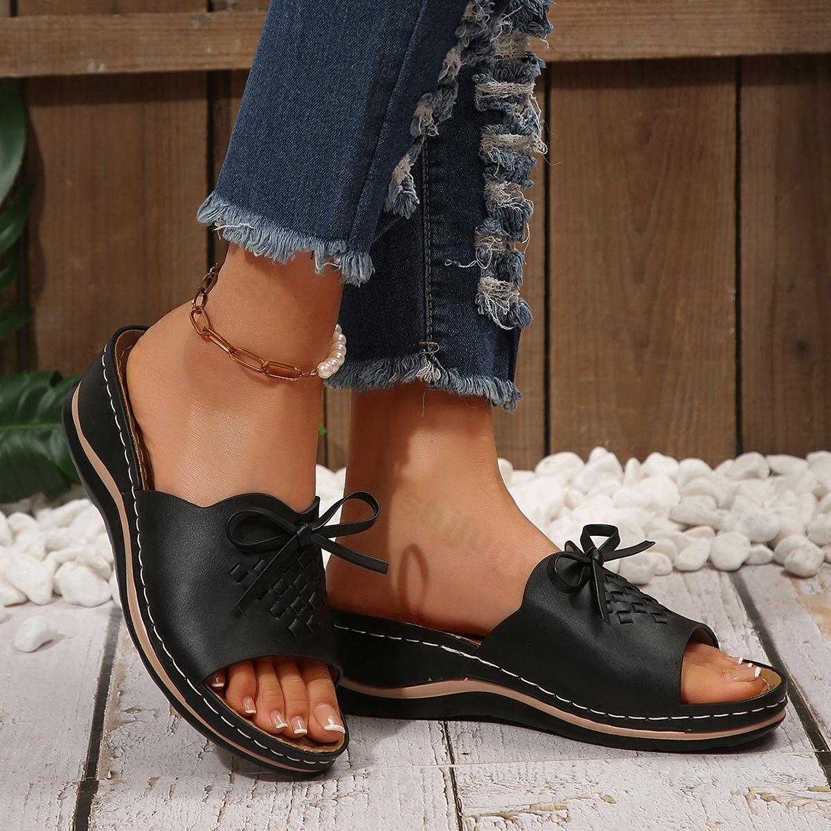 

Fashion 2025 New Summer Women Slope Heel Fish Mouth Slippers Fashion Casual Large Coarse Heel Bow Design Comfortable Lightweight Sandals 36 чёрный