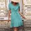 Chic Slim Fit High Waist V Neck A Line Green Floral Printed Summer Dress Short Sleeve Sizes S XXL