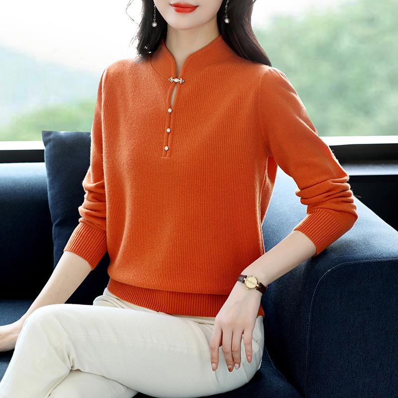 Women's Pure Wool Stand Collar Sweater - Autumn/Winter Loose Slimming Knit Cheongsam Base Layer