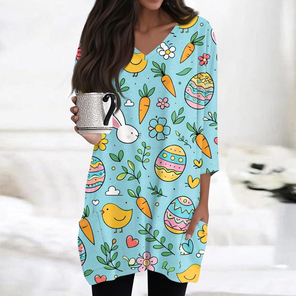 Womens Tops V-neck 3/4 Sleeve Blouses Casual Mid-length Shirts Fashion Print Tunic Tops With Pockets