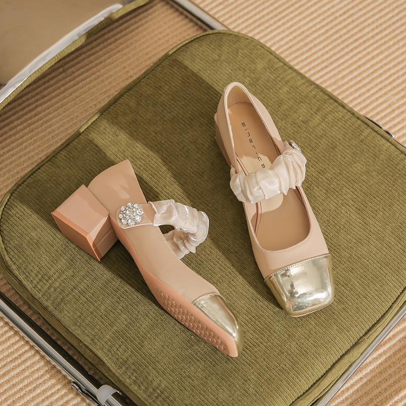 53302 [sheepskin] High Heels Women's 2025 Autumn New Color Matching Mary Jane Thick Heel Light Mouth Rhinestone Shoes