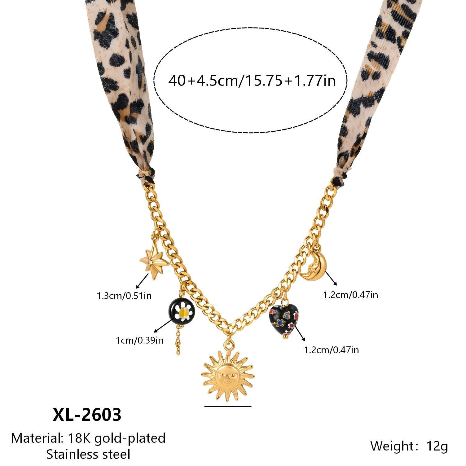 Retro Silk Scarf Necklace with Sun, Moon, Stars & Heart Beaded Pendant 18K
