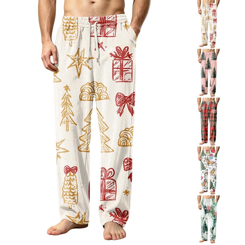 Men's Corduroy Print Pajama Pants with Pockets Casual Sleepwear Bottoms
