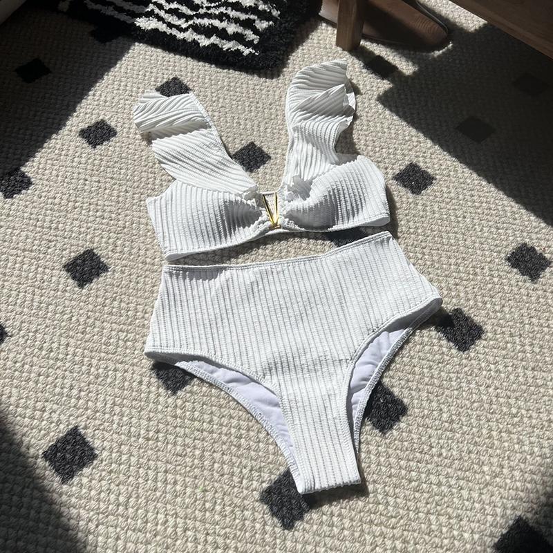 High Waist Bikini Set Women's Solid Color V-Neck Swimwear Ruffled Triangle Top Beach Summer Two Pieces