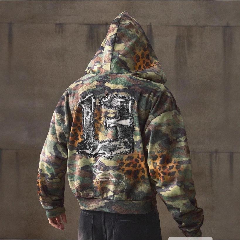 Hot Sale American Retro Camouflage Hooded Sweater, Street Letter 3D Printed Loose Zipper Sweater Top