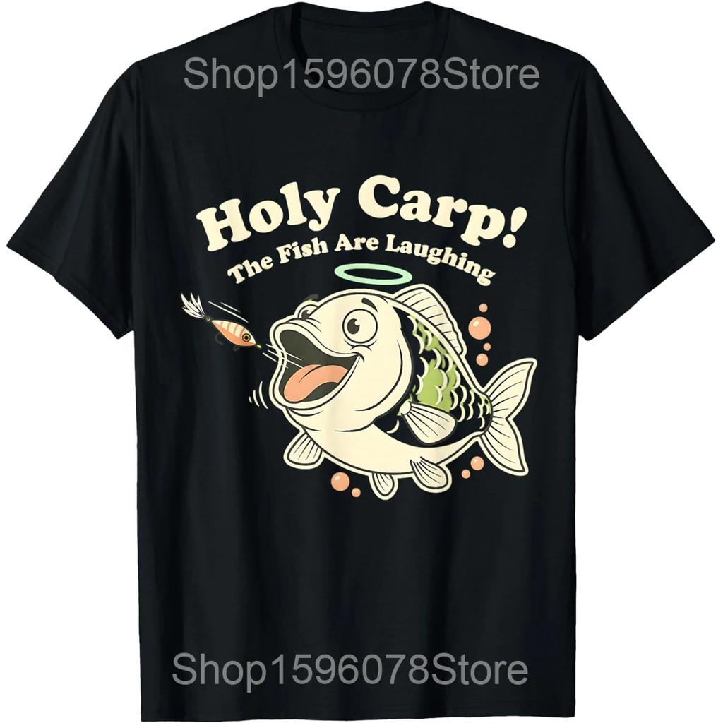 Holy Carp Funny Carp Fishing Retro T Shirts Men Women Pure Cotton Humor Streetwear Tee Shirt Short Sleeve Unisex Loose Clothing