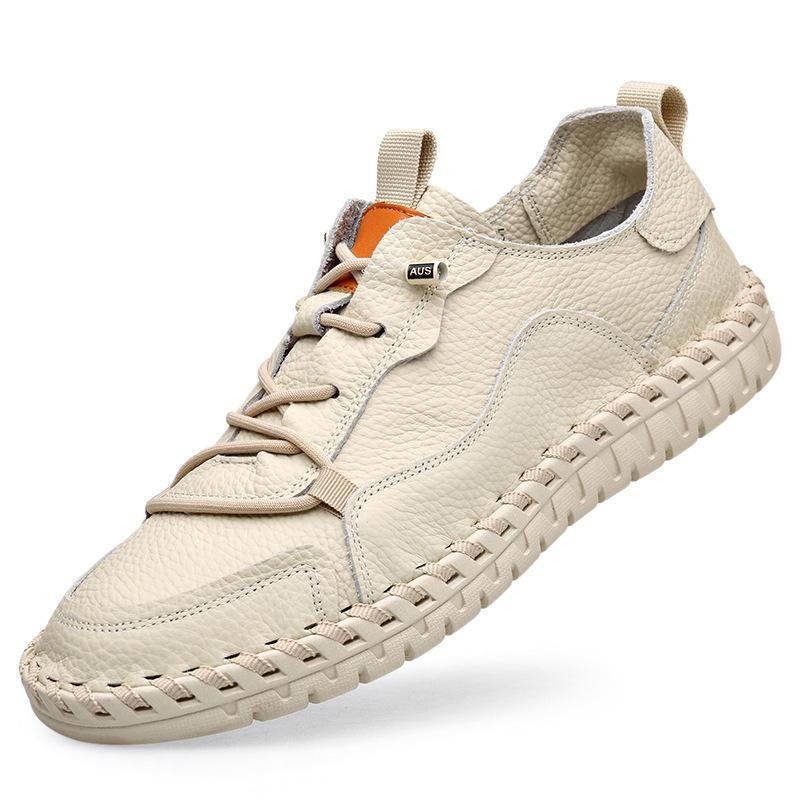 2025 new hollow first layer cowhide men's small leather shoes breathable soft-soled Doudou shoes glue-free hand-sewn shoes