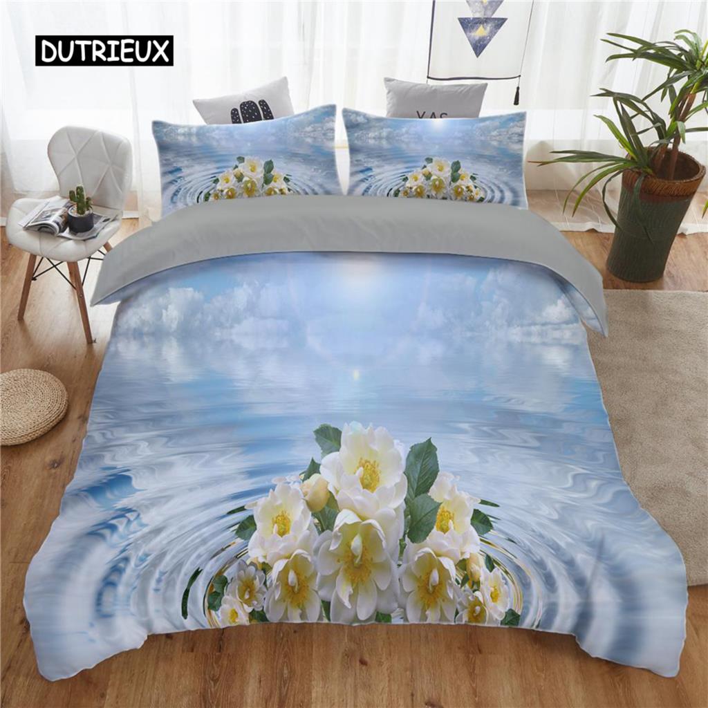 Water Wave Comforter Cover Package Rainbow Water Wave Blue Sky White Cloud Reflection Bed Cover Package Fine Microfiber King Size Queen Size Size