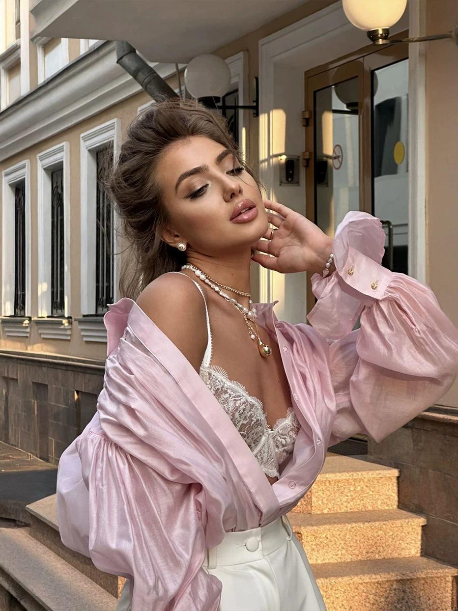 

Блузка из французского сатина с рукавами-фонариками 2025 - Повседневный топ для женщин высокого класса в европейском и американском стиле Large розовый