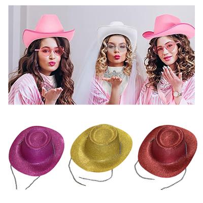 Chapéu de Cowboy de Pó Brilhante para Mulheres Homens Aba Larga Role Play Chapéu de Cowgirl Adereços de Festa de Carnaval Roupa de Festa de Despedida de Solteira