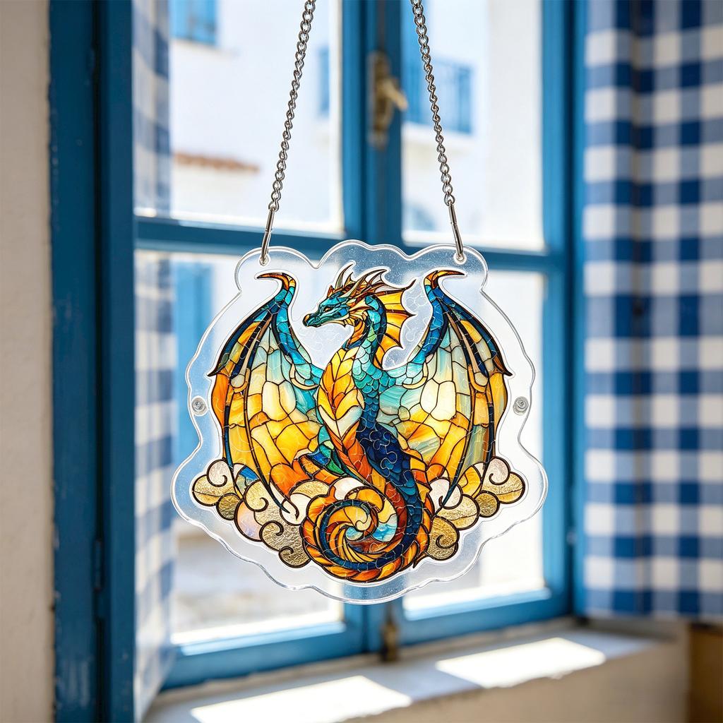 Acrylic Stained Glass Style Dragon Sun Catcher Window Hanging Ornament with Chain for Home Decoration and Gift