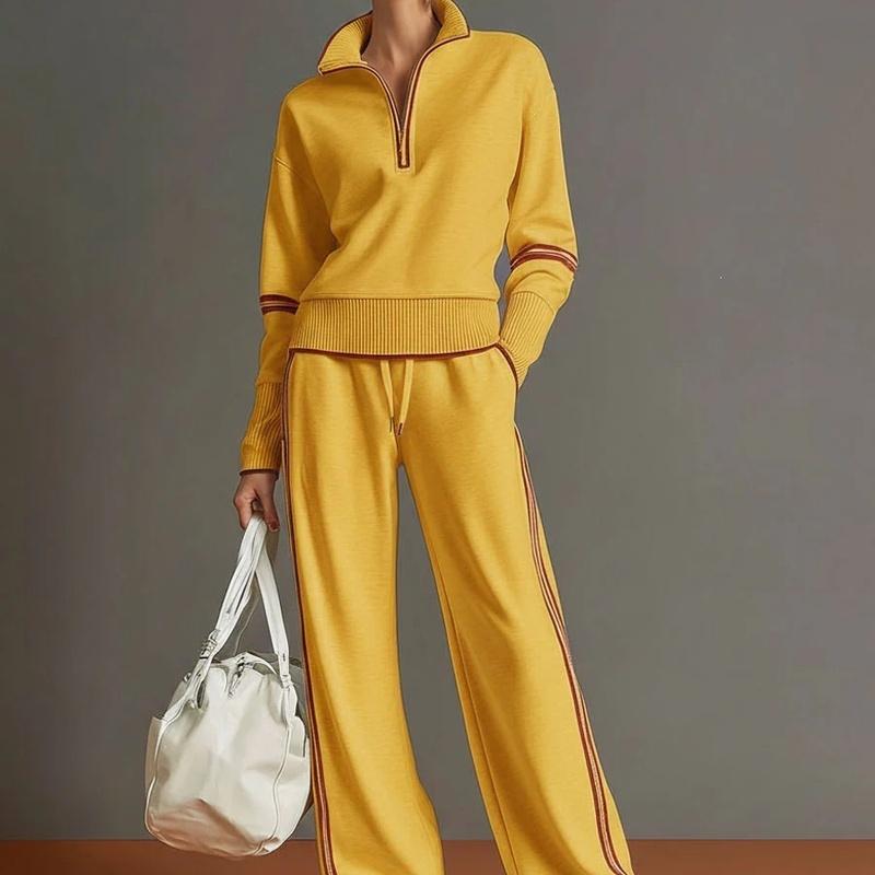 Women Two Piece Tracksuit Set Half Zip Stand Collar Sweatshirt Drawstring Wide Leg Pants Contrast Stripe Casual Sportswear