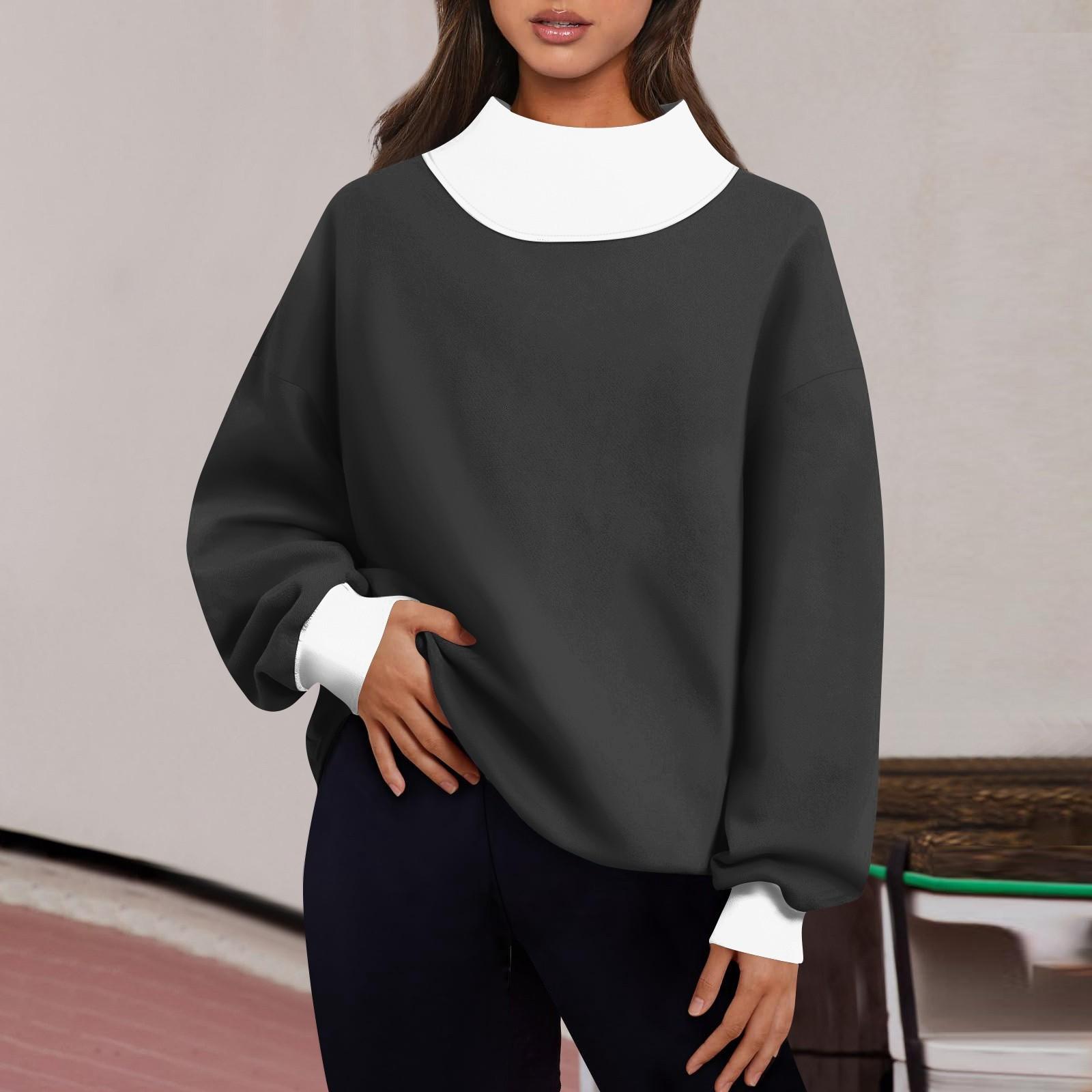 

Женская мода с длинным рукавом и цветными блоками, свободная водолазка с разрезом и половиной водолазки, топ S чёрный