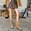 Western Jeans Tube Short Boots Women's 2025 New Autumn Thick Heel Pleated Pile Boots Retro British Martin Boots