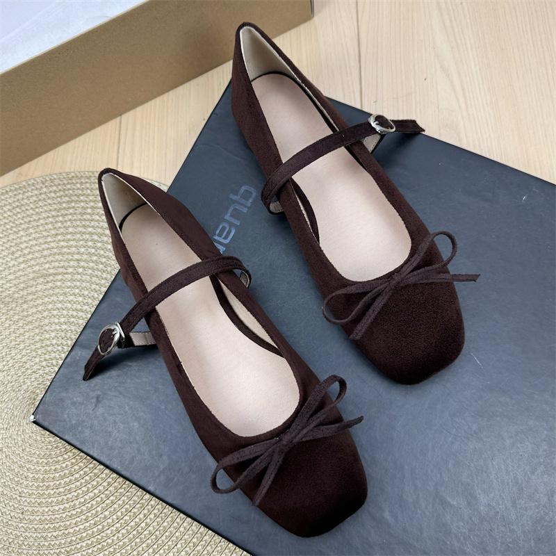 Fashion Flat Shoes for Women Suede Square Toe 2025 Spring and Autumn New Bow Flat Bottom Mary Jane Shoes Plus Size Women's Shoes 43 44