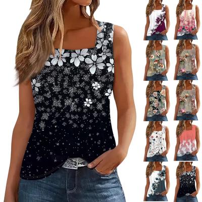 Women's Pleated Square Neck Sleeveless Tank Top Plant Print T-Shirt
